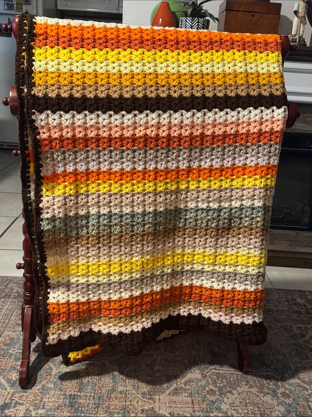 Handmade Retro Colored Crochet Throw Blanket - Orange & Yellow Stripes 60” x 80”